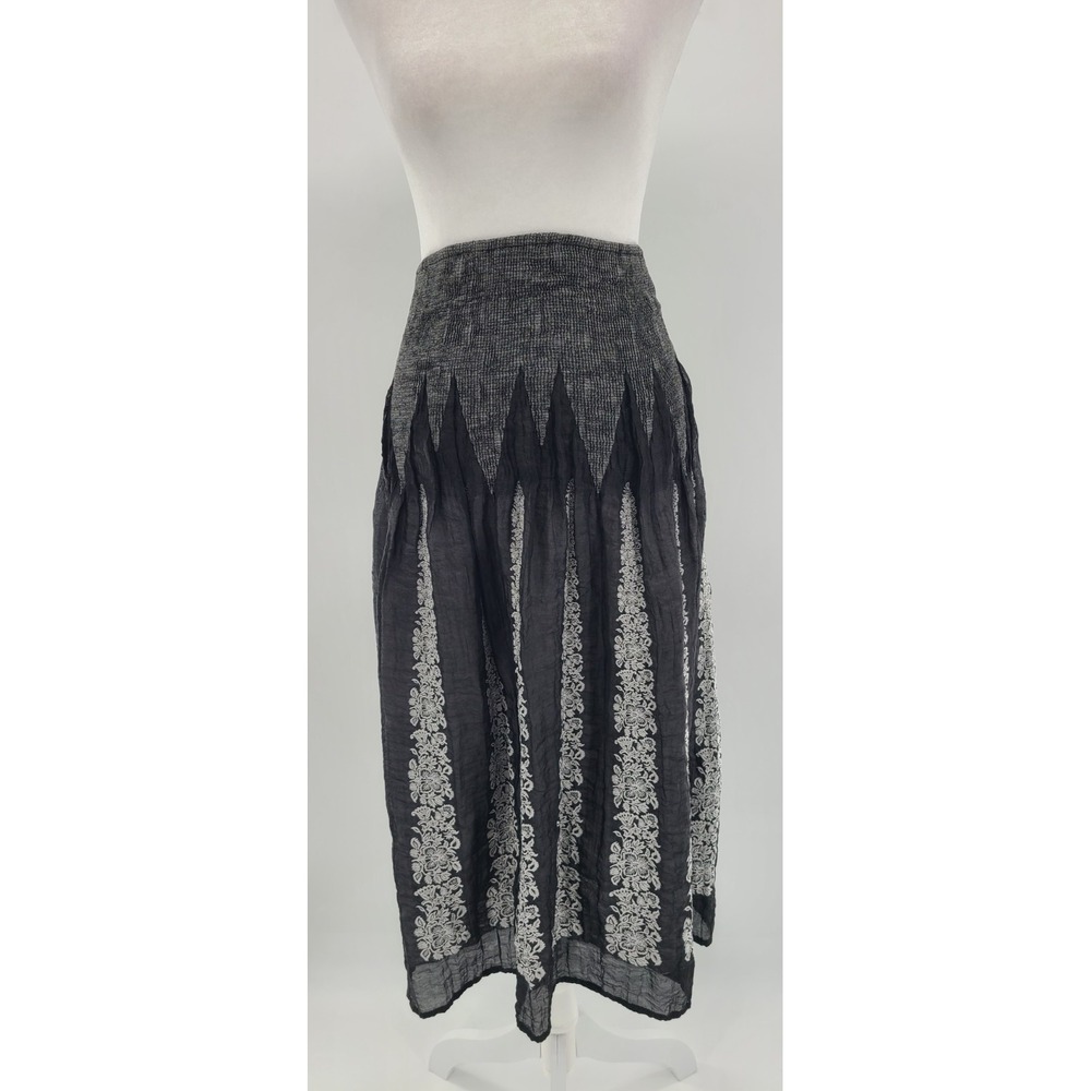 Whimsigoth Midi Gray Floral Pleated Skirt Sz One Size Smocked Waist Women Lapis